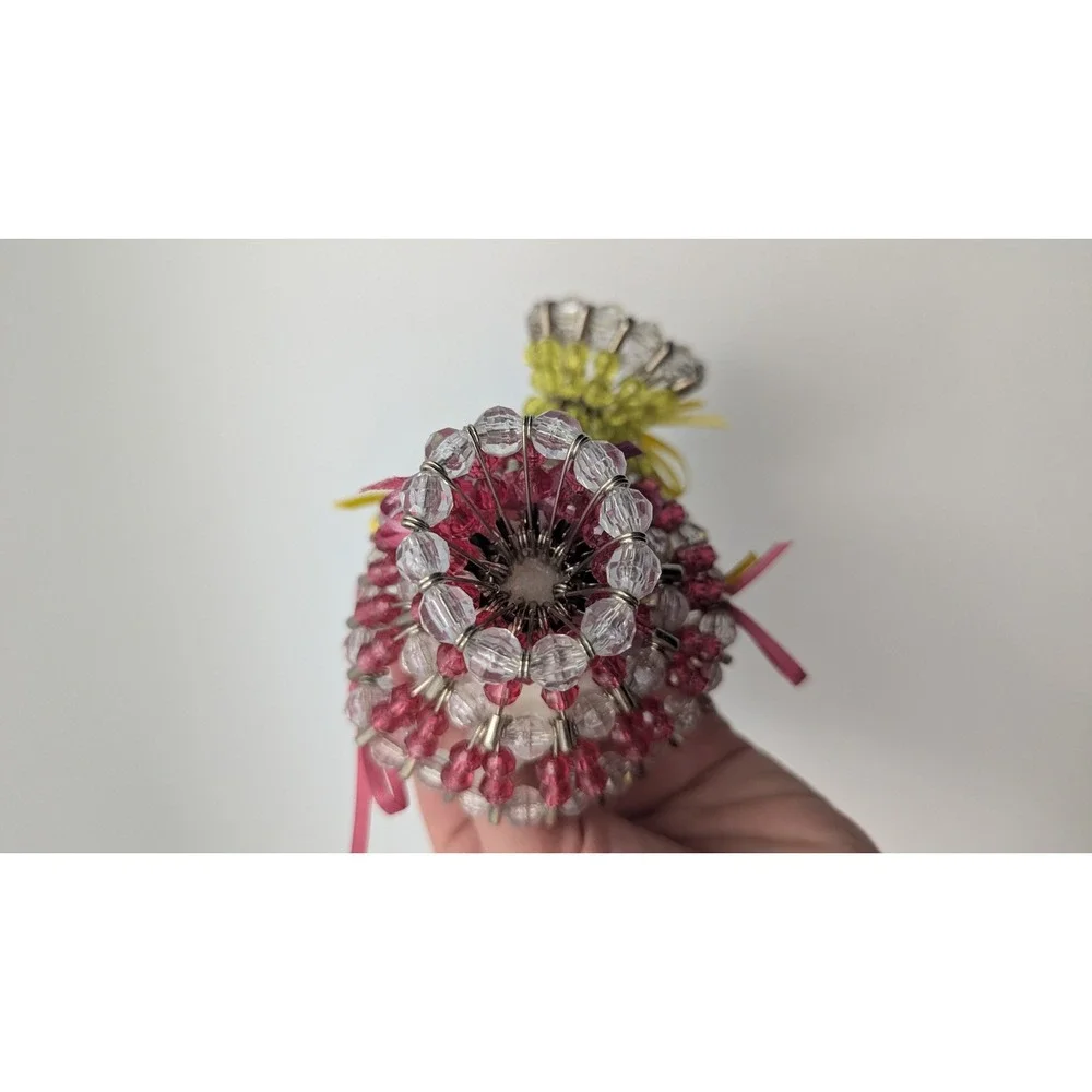 Vintage Handmade Safety Pin Beaded Easter Basket Bunny Set‎ Pink Yellow 2pc